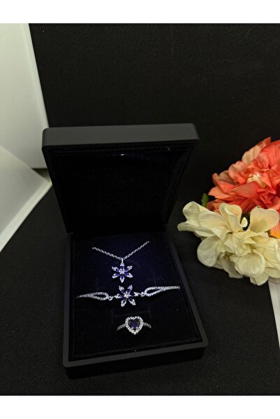 HKN AVM ACCESSORİES Işıklı kutuda gümüş renk kalp yüzük ametist lotus kolye bileklik sevgiye hediye doğum günü hediyesi anneler Sevgililer günü hediyesi advent