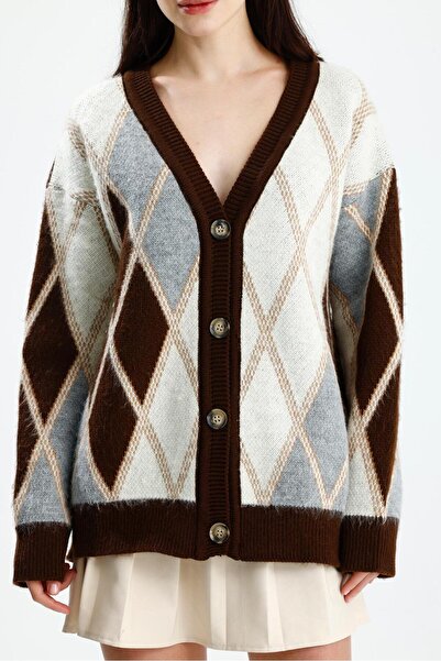 Rawanda Fleece-Lined Coffee Cardigans with Baklava Pattern