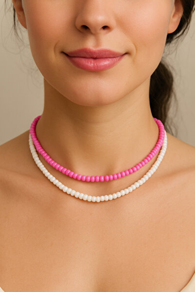 by Natalie 2Pcs White and Pink Sand Bead Necklace Choker Women Accessory