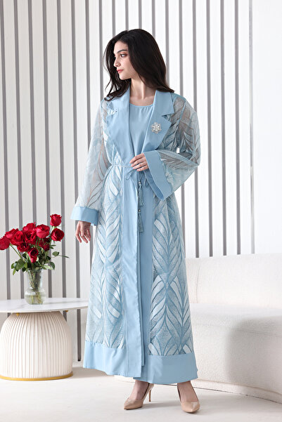 Verona Trading Company A sky-blue abaya embroidered with a sheer mesh overlay and a luxurious leaf pattern, featuring a classic collar and an adjustable waist belt.