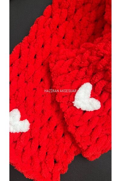 Haziran Aksesuar Puffy El Örgüsü, %100 Pamuk, Kırmızı Renkli Beyaz Kalpli, Ka...