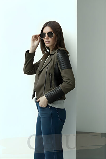 Qaju Women's Leather Detailed Zippered Jacket – Khaki