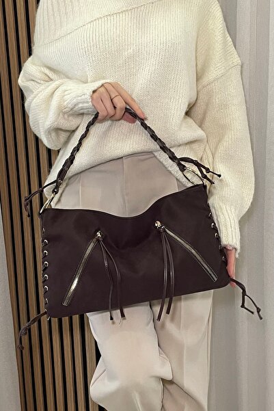 themoiss حقيبة كتف نسائية من جلد النوبوك باللون البني - تفاصيل تريكو برباط - ...