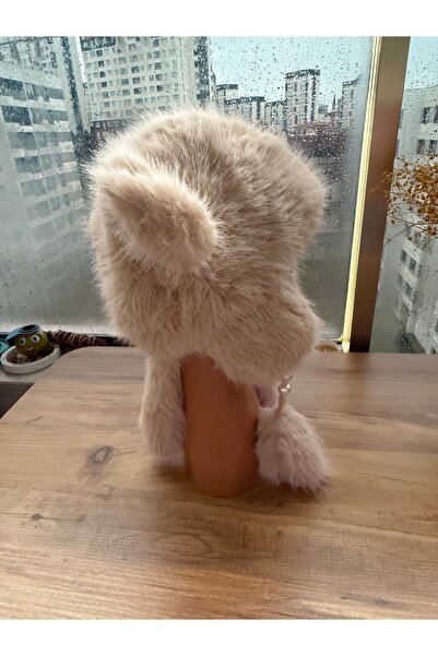 Blotch Women's Lined Beanie with Pearl Detail Covering the Ears, Cream Tail Detail, Plush Pompom Beanie