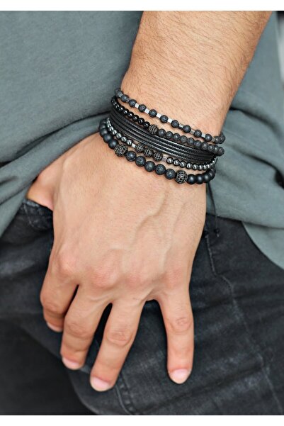 Crack Men's Bracelet Set Black Lava CZ