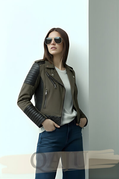 Qaju Women's Leather Detailed Zippered Jacket – Khaki