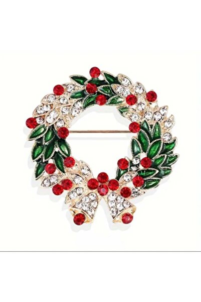 BAMİAMU Lüks Noel Çanlı Broş, Kırmızı Taşlı ve Yeşil Yapraklı Yaka İğnesi, Şık Parlak Broş