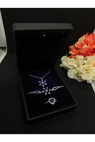 HKN AVM ACCESSORİES Işıklı kutuda gümüş renk kalp yüzük ametist lotus kolye bileklik sevgiye hediye doğum günü hediyesi anneler Sevgililer günü hediyesi advent