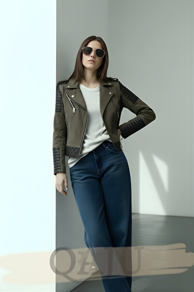 Qaju Women's Leather Detailed Zippered Jacket – Khaki