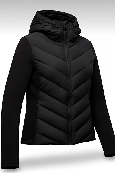 moda armanc Women's Black Hooded Thermal Puffer Coat - Zr Range Rover Mom Contrast Jacket