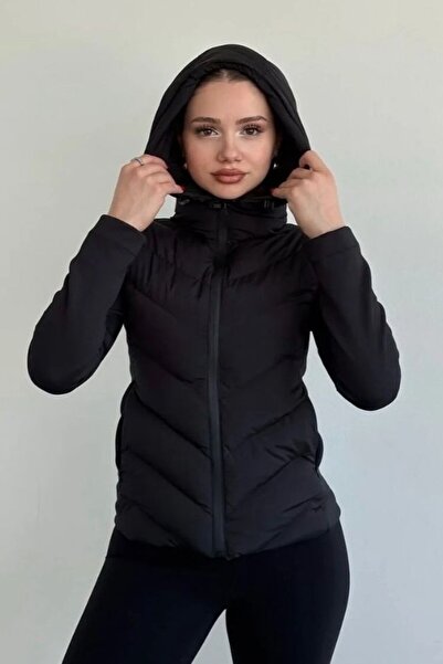 moda armanc Women's Black Hooded Thermal Puffer Coat - Zr Range Rover Mom Contrast Jacket