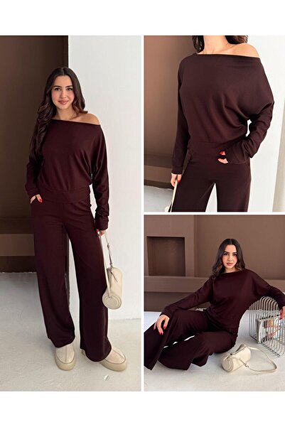 Elaxi طقم نسائي فضفاض مكون من قطعتين من قماش المودال بياقة قارب