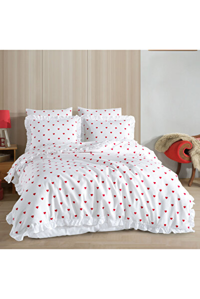 Lief Home Ruffled Heart Double Duvet Cover Set | 4 Pillowcases | Fitted Sheet 180X200+25