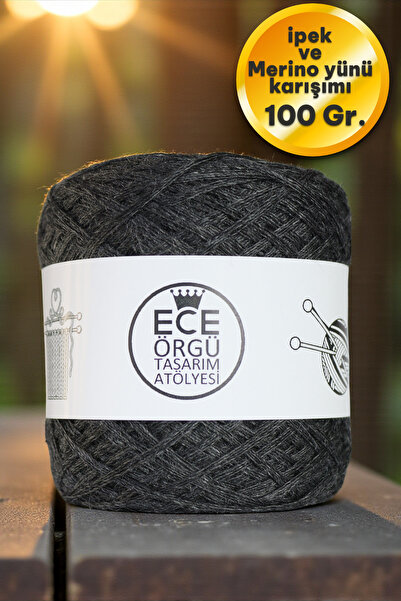 Ece Örgü Tasarım Atölyesi Antrasit rengi, parlak, dut ipeği merino karışımı ü...
