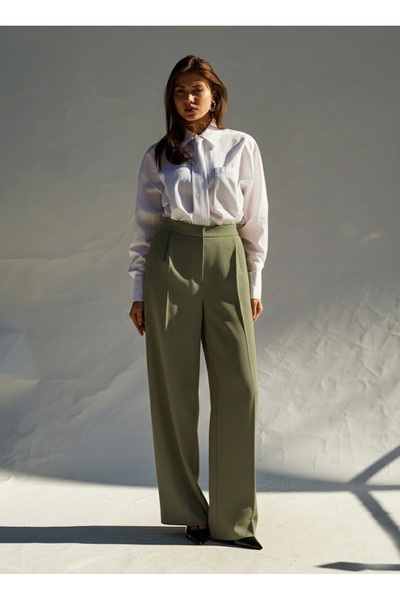AYSHAN Khaki high-waisted wide-leg pleated trousers with side pockets