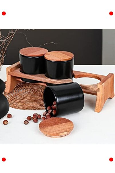 markentegra Matte Black Serac Storage Container & Wooden Stand Set of 3