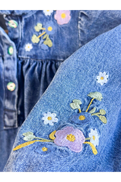 Pinkitokids Rochie din denim cu textura moale, cu detaliu de broderie florală