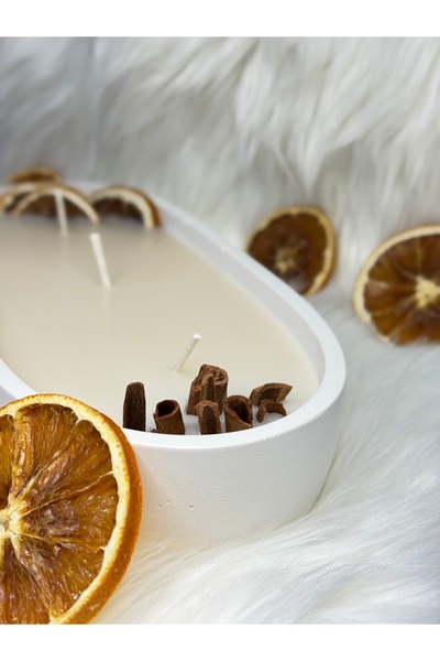 MYELFA Portakal Ve Tarçın Süslemeli El Yapımı Dekoratif Kayık Tabak'da Soya Mum