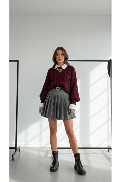 AYSHAN بوردو قصة فضفاضة سترة محبوكة بنمط جديلة الشعر