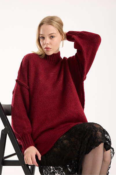 sumoda Yumoş Thread Backstitch Oversized Women's Sweater Mock Neck