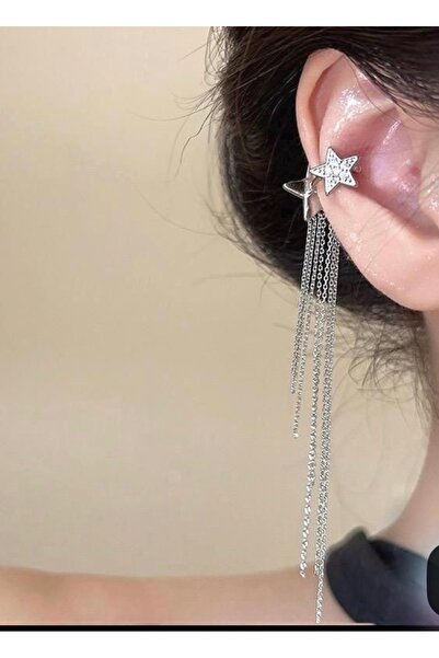 AychaAksesuar Gümüş renk yıldızlı püsküllü saçaklı geçirmekli kıkırdak küpe