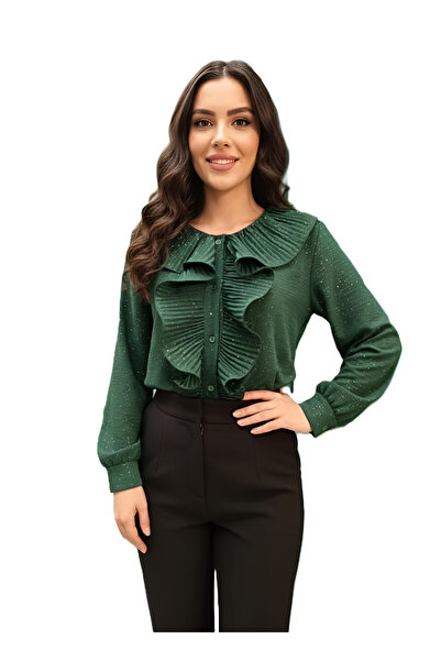 OEM Women's green shirt – Ruffles and shiny details, one size (recommended S–M)