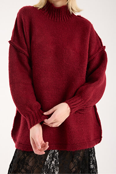 sumoda Yumoş Thread Backstitch Oversized Women's Sweater Mock Neck