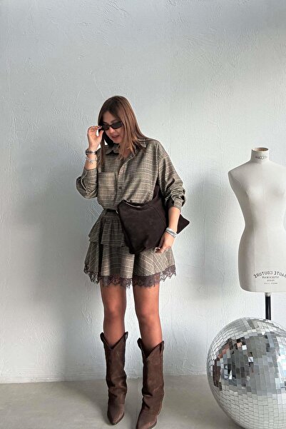 ELVAN TOLON Toprak Checkered Lace Shirt Skirt Set