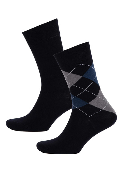 DeFacto D3775Axnv2 Navy Blue Men's Stitch-Free Diamond Pattern Ultra Soft 2-Piece Bamboo Premium Long Socks
