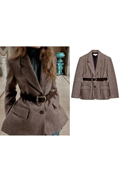 Lavanta Tekstil Belted Herringbone Double-Breasted Collar Blazer Jacket