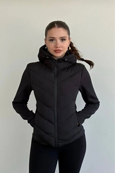 moda armanc Women's Black Hooded Thermal Puffer Coat - Zr Range Rover Mom Contrast Jacket