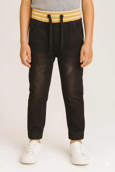 STITCH by MH "Boys’ Denim Jogger Pants with Yellow-Striped Ribbed Waistband