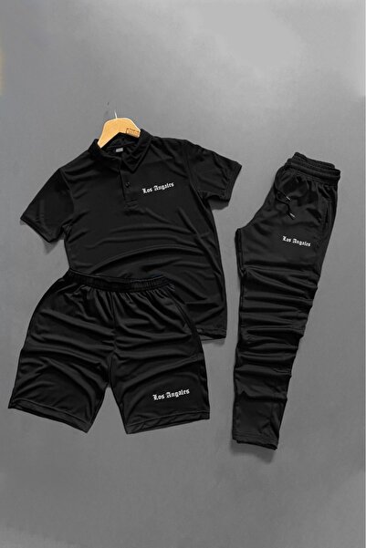 NOFLEN Polo Yaka Los Angeles Printed 3-Piece Shorts and Sweatpants Set