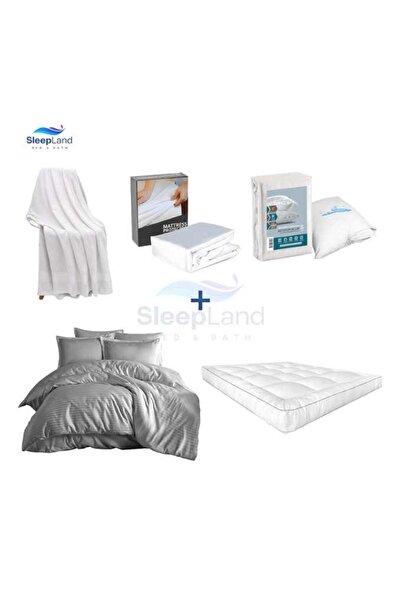 SLEEPLAND Hotel-style mattress topper set, 14 cm high, with mattress protector, pillow protector set, cotton towel, and hotel-style bedspread in gray.
