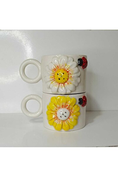 Dİ TAZZA طقم من كوبين مصنوعين يدويًا من السيراميك المنقوش بزهرة الأقحوان ويرق...