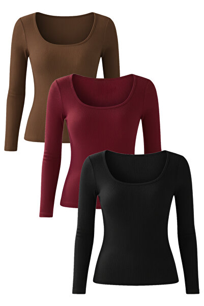 Nerth U Neck Long Sleeve Corded Fabric Crop Blouse Set of 3