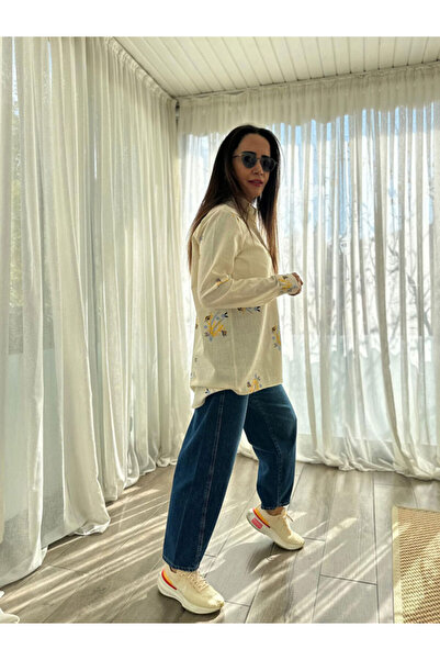 Burcu Özpıranga SARA Nakışlı Desen Ekru Keten Gömlek