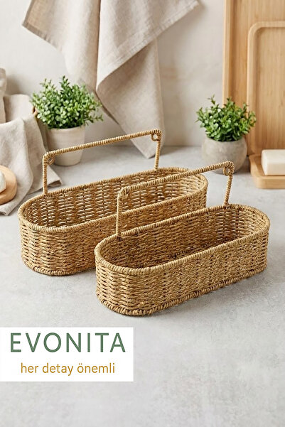 EVONİTA Oval Doğal Hasır Saplı Organizer Sepet 2’li Set Rattan Görünümlü Çok ...