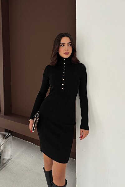 Noi Belis Premium Yarn Mini Size D Mock Neck Half Placket Button Knitwear Dress Aw25El0026