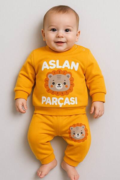 BABY WEAR Erkek Bebek Takımı Aslan Parçası Yazı Baskılı Alt Üst Takımı