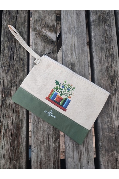 JANJAN Portfolio Bag, Clutch Bag, Strap Handbag and Wallet, Natural Canvas Handbag