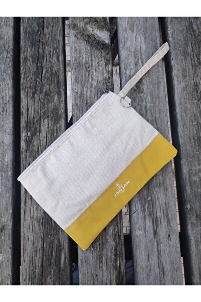 JANJAN Portfolio Bag, Clutch Bag, Strap Handbag and Wallet, Natural Canvas Handbag