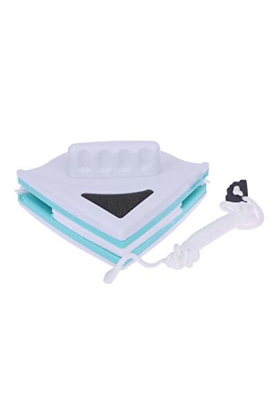 Generic Double-sided magnetic window wiper, white and turquoise, with cleaning sponge and safety cord