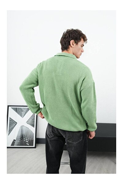 perasttesktil Men's Collared Buttoned Corded Fabric Oversized Sweater