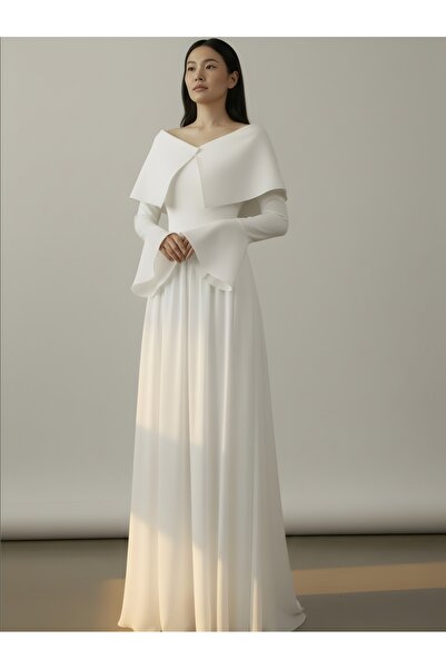 DADUCOLLECTİON Princess collar asymmetrical long sleeve maxi dress