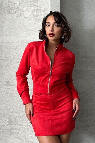 Caddebostan Moda Red Suede Mock Neck Crop Jacket Modern Premium Luxury Trend Design Jacket