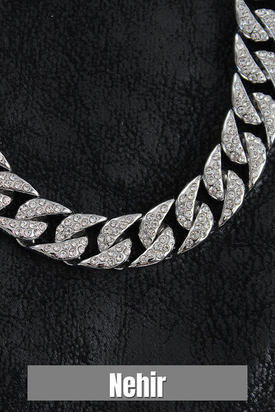 Nehir Pirinç Zirkon Taşlı Cuba Gurmet Model Gümüş Renk Erkek Kolye Sevgililer...