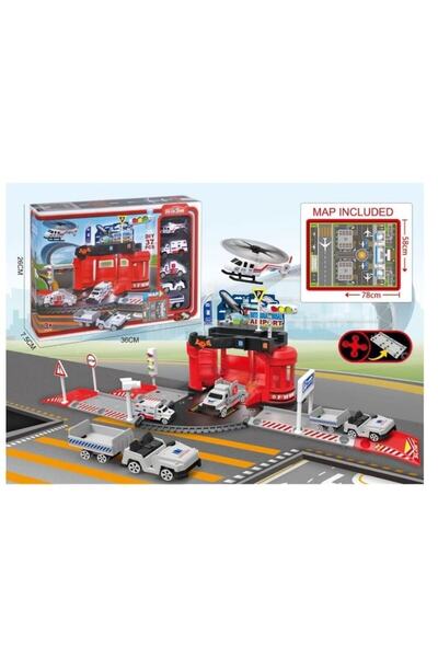 Toy Fire station parking set with helicopter, cars and play map, 37 pieces