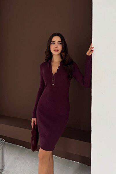 Noi Belis Premium Yarn Mini Size D Mock Neck Half Placket Button Knitwear Dress Aw25El0026