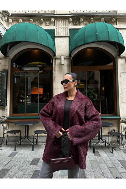 Julidress Burgundy Special Textured (Bearded) Double Pocket Oversized Premium Blazer Cashmere Jacket